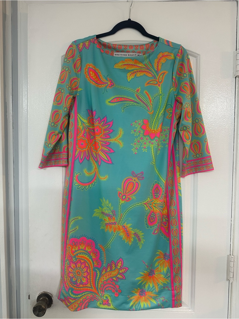 Gretchen Scott Designs Turquoise Shift Dress with Pink & Yellow Paisley